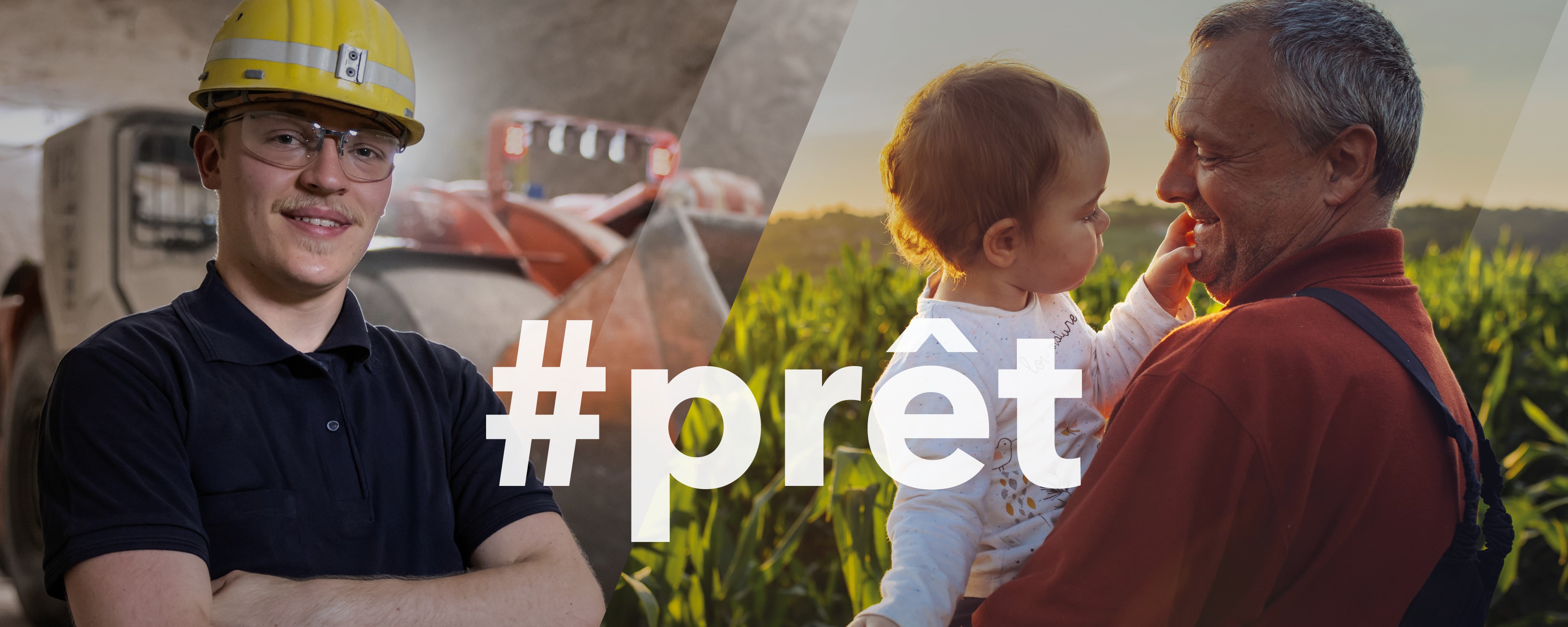 Split image showing a miner in protective gear on the left and an older man with a toddler in a field at sunset on the right; above it, the words “#allset.”